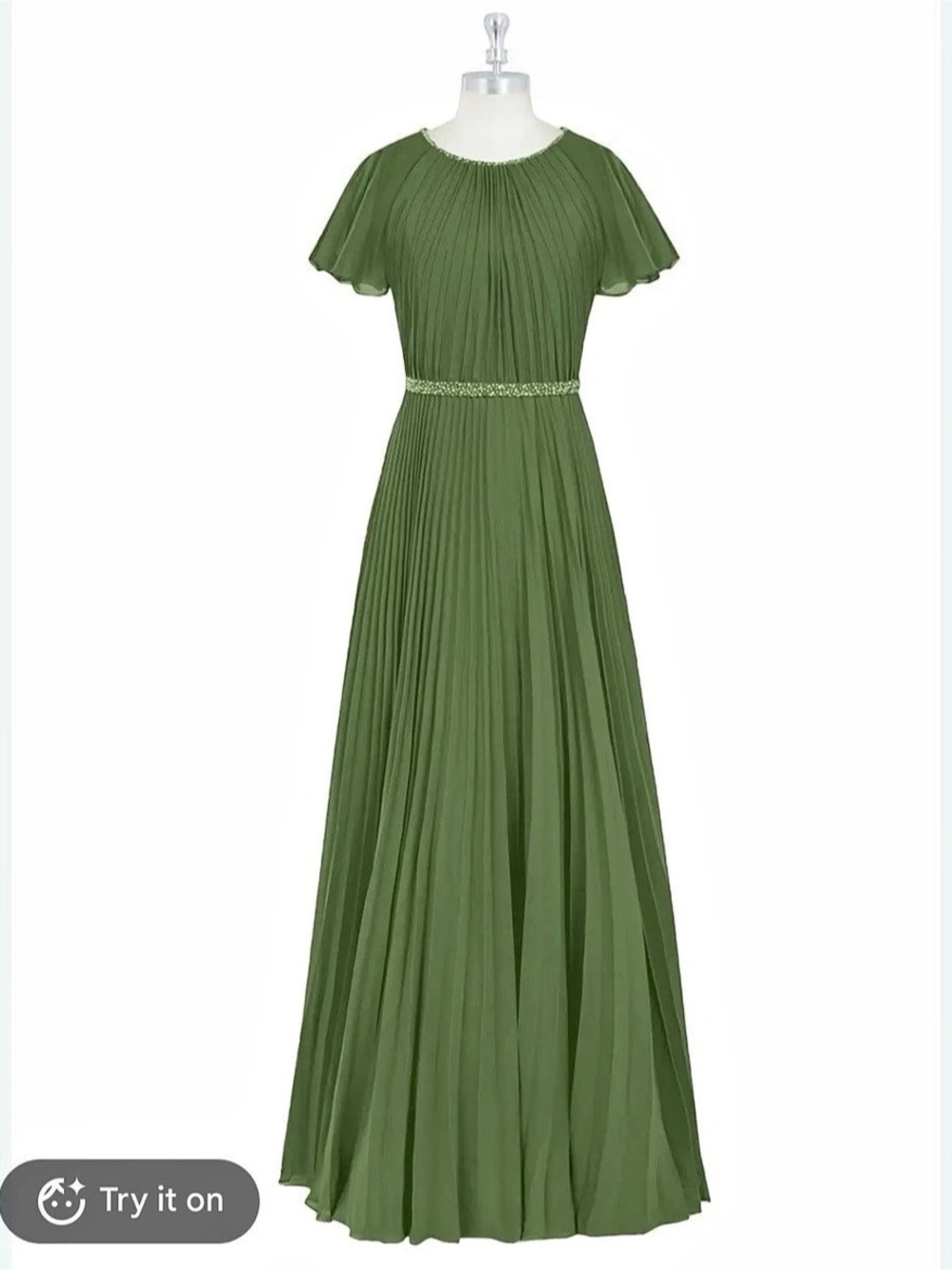 Azazie Kara Pleated Maxi Dress in Olive Green